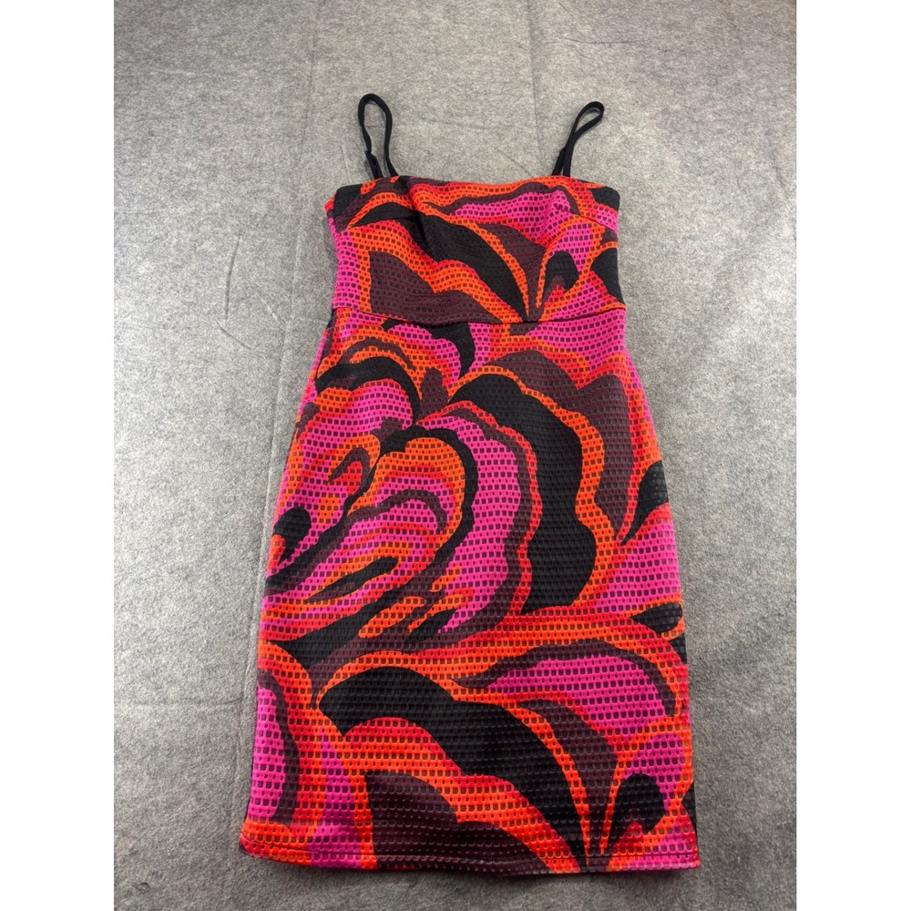 Trina Turk Abstract Floral Mesh Sheath Dress Pink Orange Black Size 4 Retro Date